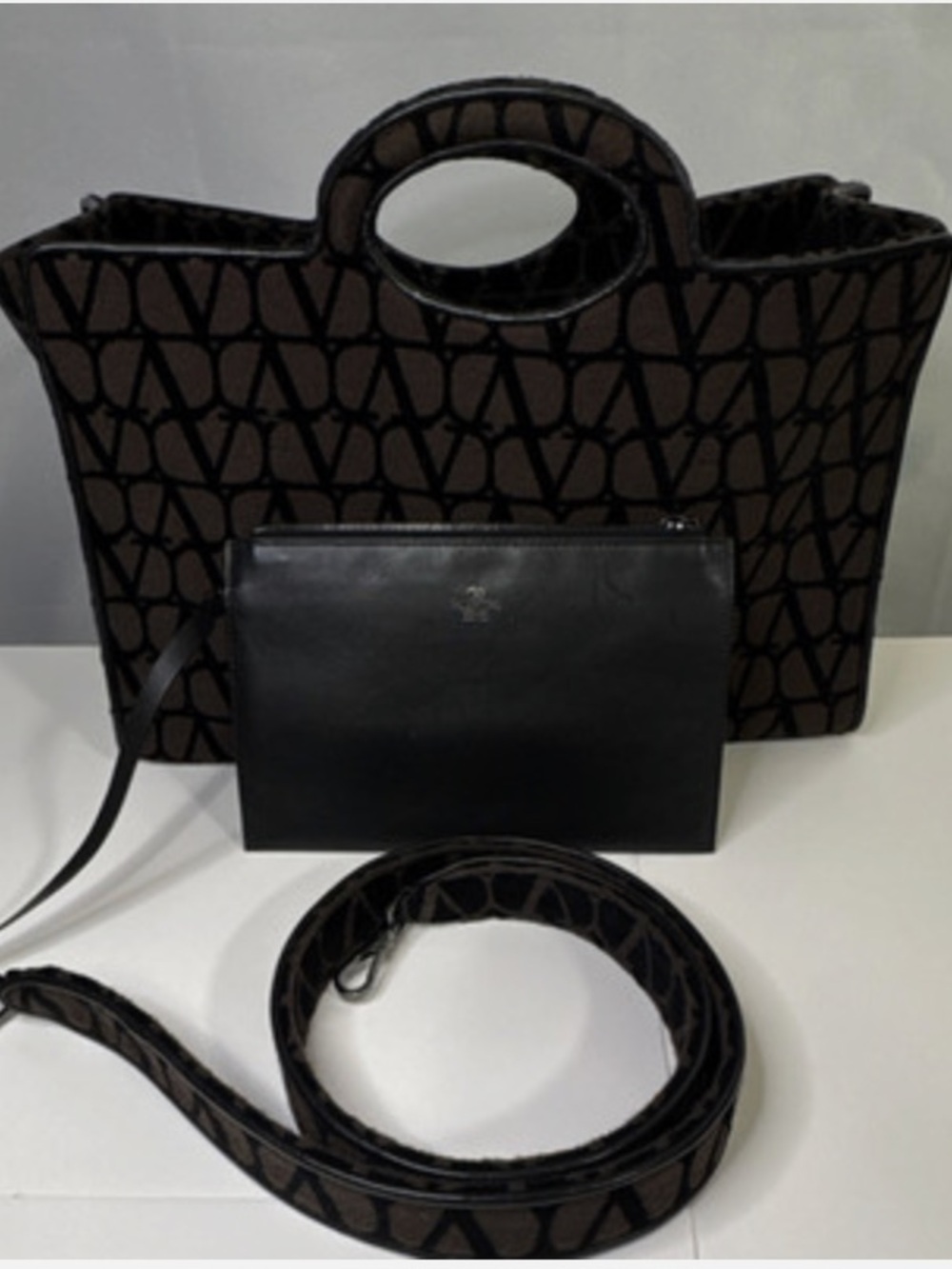 Valentino Brown and Black Patterned Satchel with Black Pouch